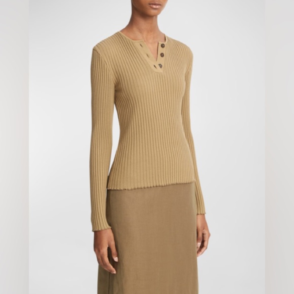 MINIMUM Rib Knit Long Sleeve Henley Top Tan Beige Button Front Sweater Size M